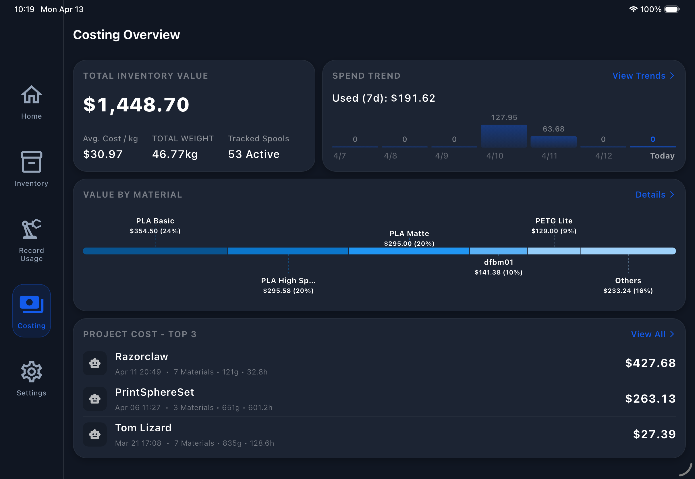 Filament Genius tablet dashboard for 3D printing filament inventory